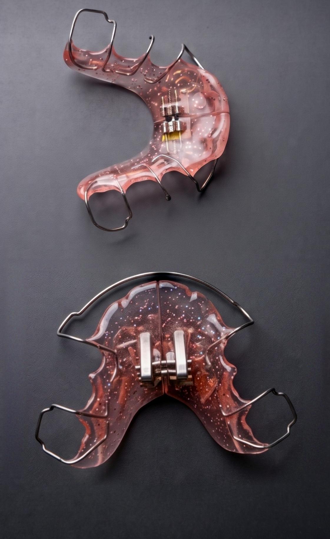 Dispositivi ortodontici mobili con resina rosa e componenti metallici realizzati dal laboratorio